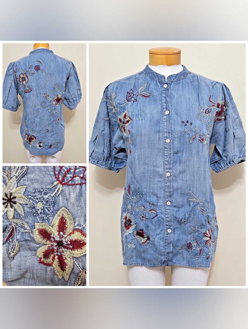 Kyla Seo Caite Sz S Chambray Shirt Top Embroidered Puffed Sleeve Floral Boho